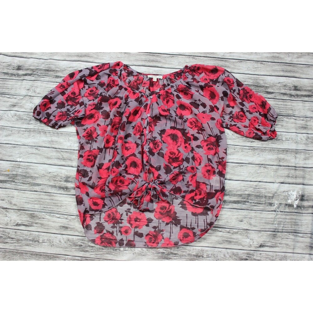 Love Fire Womens Medium Blouse Tie Front Button Down Short Sleeve